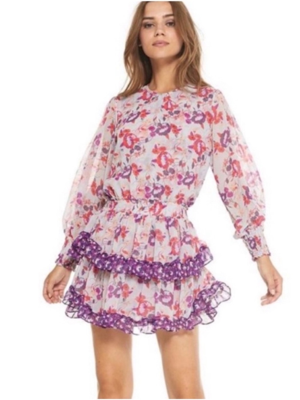MISA Camila ruffle tiered chiffon boho LS mini dress Talitha paisley sz m